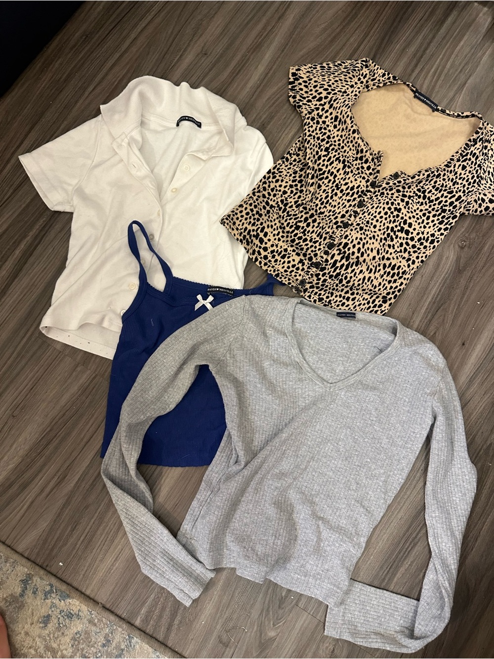 Brandy Melville White Polo, Navy Tank, Leopard Print Top & Gray V-Neck Set